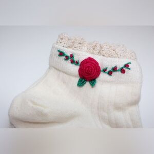 New white and red rose embroidered socks, handmade cute socks